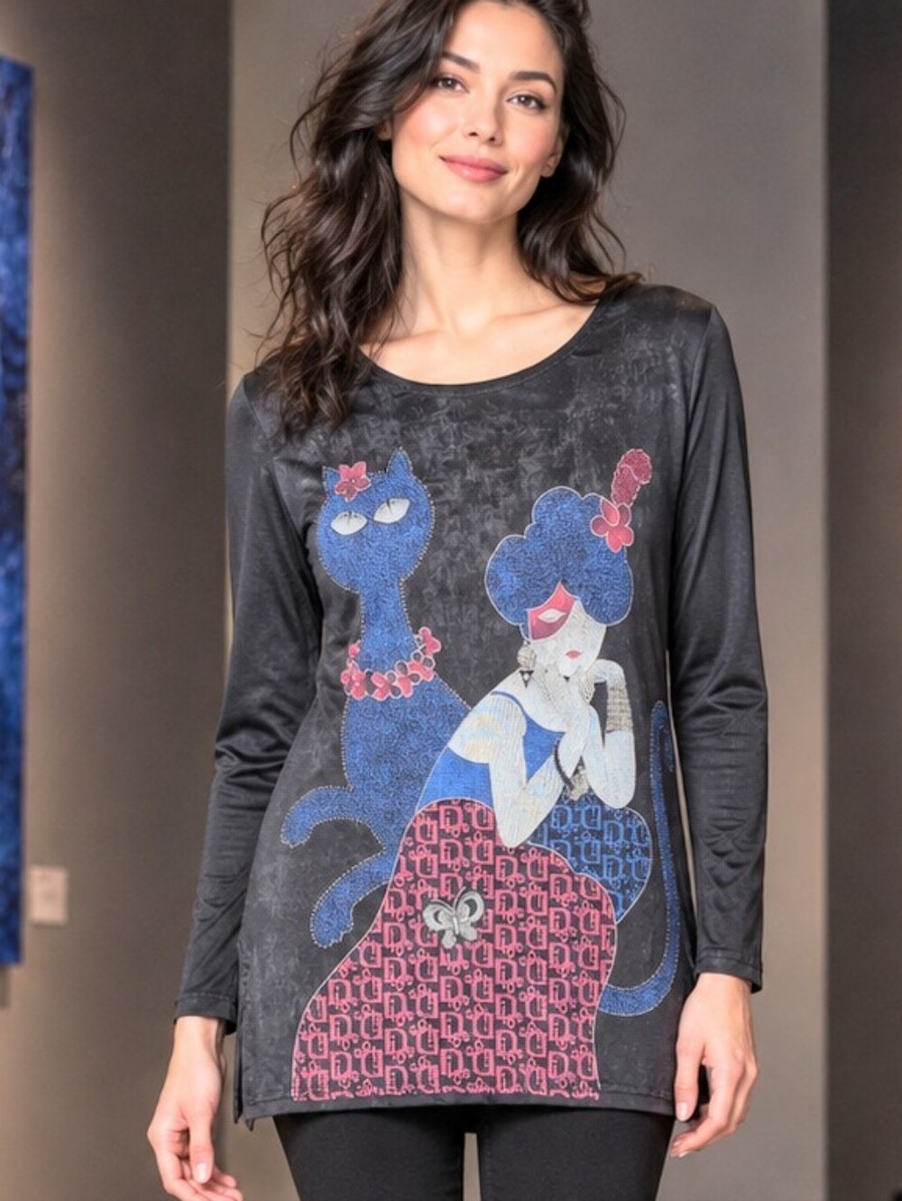 Artsy Y2K Cat Woman Graphic Tunic Black Long Sleeve Statement Top Polyester